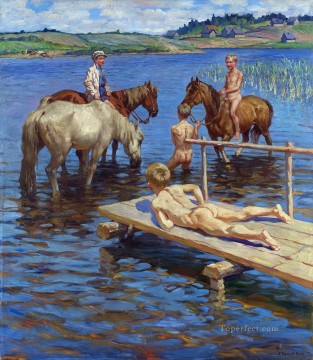 動物 Painting - 馬の水浴び ニコライ・ボグダノフ ベルスキー 子供 動物 ペット